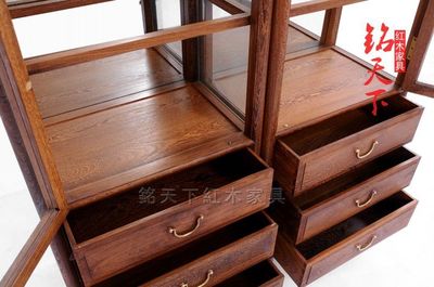 红木家具 鸡翅木家具 原木书橱柜实木陈列柜玉器工艺品玻璃展示